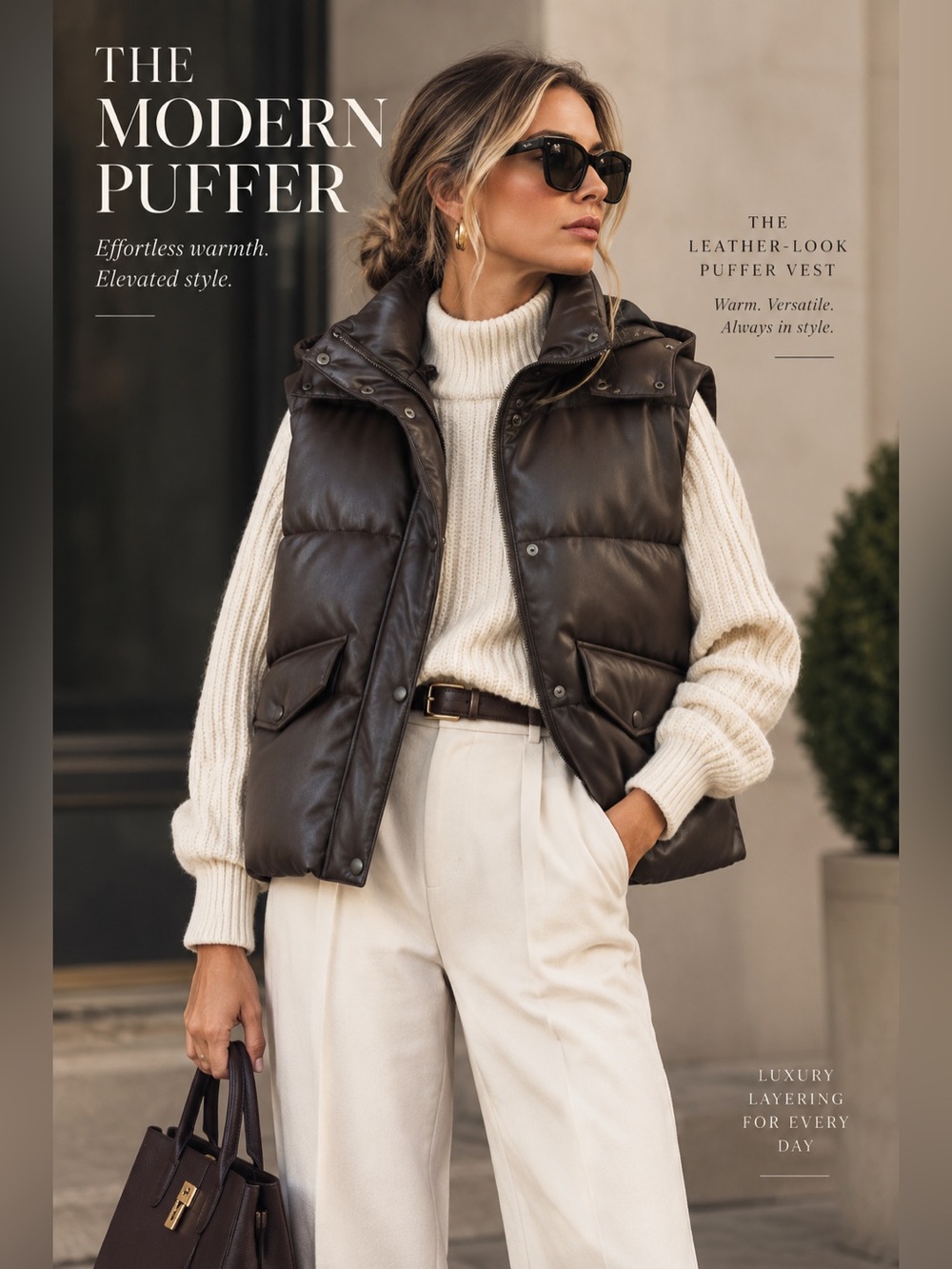 Women’s Brown Puffer Vest - Leather-Look Sleeveless Jacket